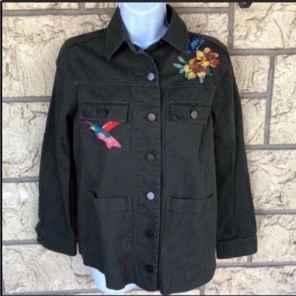 Who what wear Green Denim jacket embroidered floral bird Oversized Small - Picture 5 of 9